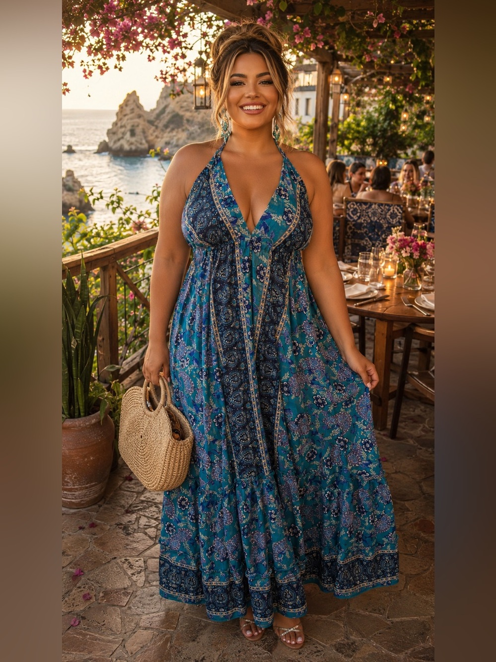 NWOT Beautiful Bohemian Blue Silk Blend Paisley Halter Maxi Dress